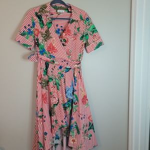 Calvin Klein Red & White Striped Floral Wrap Dress